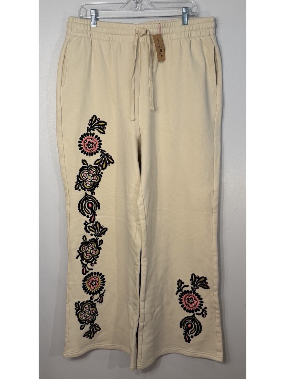 NWTS Natural Life Ivory Cotton Blend Wide Leg Lounge Pants Floral Embroidered XL